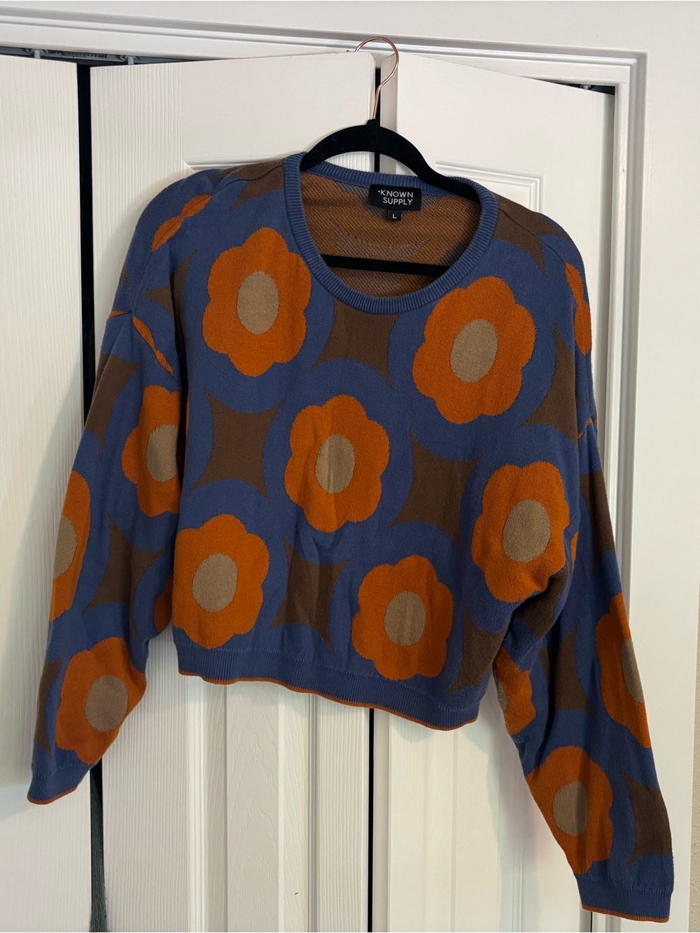 KNOWN SUPPLY Blue and Orange Floral Crewneck Sweater
